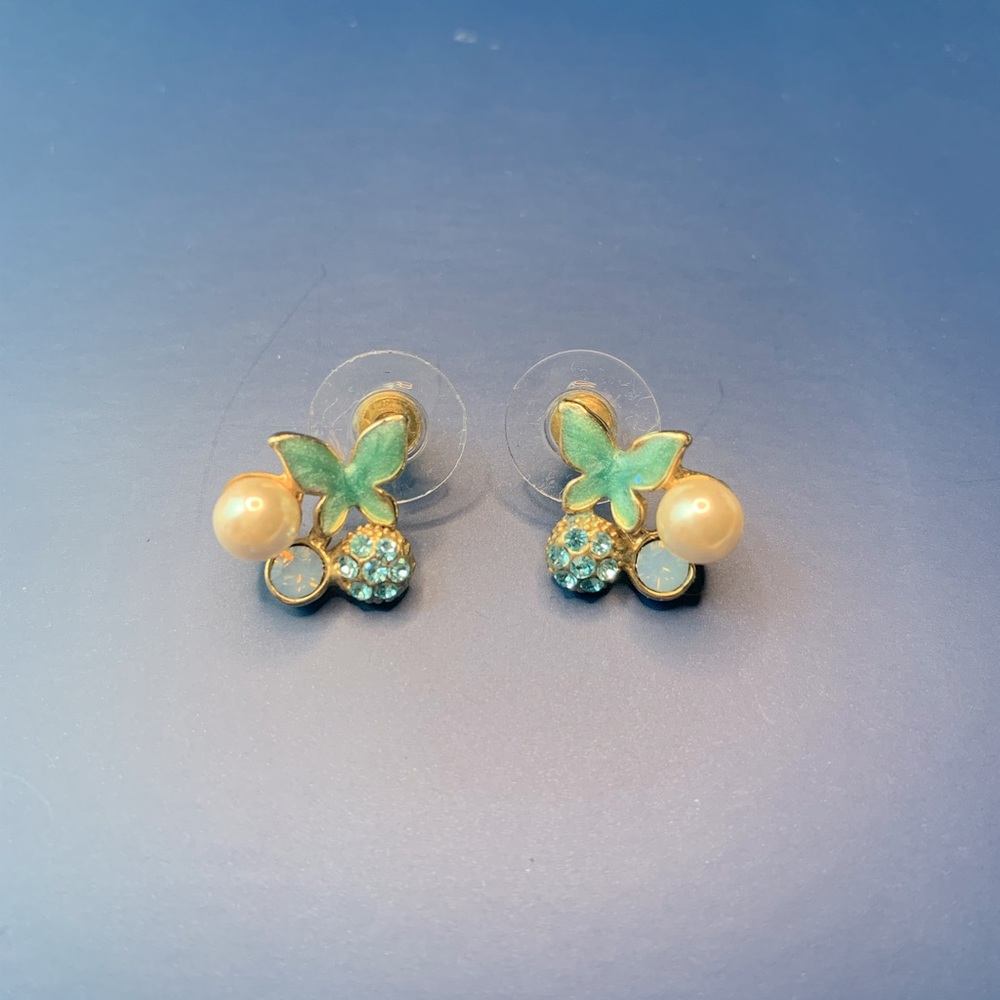 Green Butterfly Earrings with pearls and gems